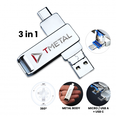 3 v 1 otočný flash disk, USB A + USB Micro + Type-C, 3.0 256GB, stříbrná barva (UDM12330)