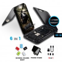 Multifunkční kabel v praktické krabičce se stojánkem na mobil