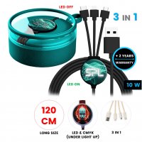 Napájecí USB kabel 3 v 1 s CMYK + LED logem a možností vlastní barvy pantone, v luxusní krabičce