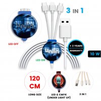 Napájecí USB kabel 3 v 1 s CMYK + LED logem a možností vlastní barvy pantone