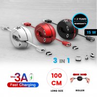 Datový a rychlonabíjecí (3A) USB kabel 3 v 1 s magnetickými konektory a navijákem