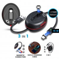Datový a rychlonabíjecí (3A) USB kabel 3 v 1 s magnetickými konektory a navijákem