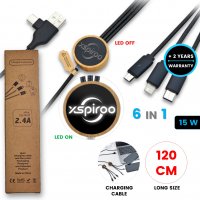 Bambusový napájecí USB kabel 6 v 1, s LED logem, box z recyklovaného papíru