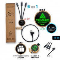 Bambusový napájecí USB kabel 6 v 1, s LED logem, box z recyklovaného papíru