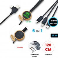 Bambusový napájecí USB kabel 6 v 1, s LED logem