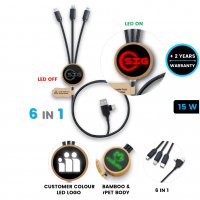 Bambusový napájecí USB kabel 6 v 1, s LED logem