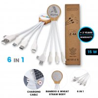 Krátký napájecí USB kabel 6 v 1, bambus + sláma, v boxu z recyklovaného papíru