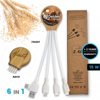 Krátký napájecí USB kabel 6 v 1, bambus + sláma, v boxu z recyklovaného papíru