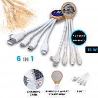 Krátký napájecí USB kabel 6 v 1, bambus + sláma