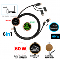 DATOVÝ A PD 60W RYCHLONABÍJECÍ USB KABEL 6 V 1, S LED LOGEM, BAMBUS + RECYKLOVANÝ PLAST