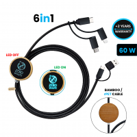 DATOVÝ A PD 60W RYCHLONABÍJECÍ USB KABEL 6 V 1, S LED LOGEM, BAMBUS + RECYKLOVANÝ PLAST