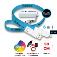 60W datový a nabíjecí USB kabel 6 v 1, ve šňůrce na krk