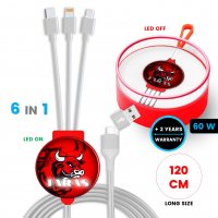60W nabíjecí USB kabel 6 v 1 CHARGLO, s CMYK + LED logem a možností vlastní barvy, v luxusní krabičce