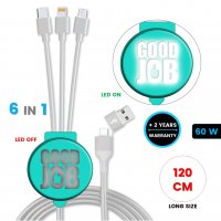 60W nabíjecí USB kabel 6 v 1 CHARGLO, s CMYK + LED logem a možností vlastní barvy