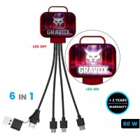 60W nabíjecí USB kabel 6 v 1 SQUARO, s CMYK + LED logem