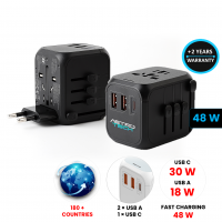 RYCHLONABÍJECÍ CESTOVNÍ ADAPTÉR 30W PD + QC 3.0 , 2 × USB-A + USB-C (TYPE-C)