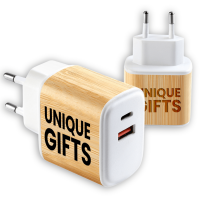 BAMBUSOVÝ USB ADAPTÉR DO EU ZÁSUVKY, USB-C (TYPE-C) + USB-A