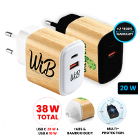 BAMBUSOVÝ USB ADAPTÉR DO EU ZÁSUVKY, USB-C (TYPE-C) + USB-A