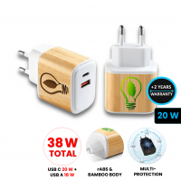 BAMBUSOVÝ USB ADAPTÉR DO EU ZÁSUVKY, USB-C (TYPE-C) + USB-A