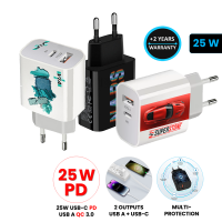 PD 25W USB ADAPTÉR DO EU ZÁSUVKY S USB-A + USB-C VÝSTUPEM