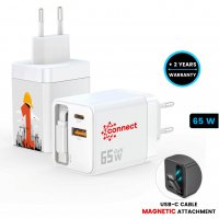 65W USB adaptér do EU zásuvky UNICORD, s integrovaným USB-C kabelem + USB-A a USB-C