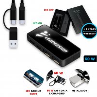 Datový a napájecí USB 3.0 hub, s možností LED loga + CMYK, USB-A a USB-C, dárková krabička