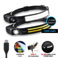 Čelovka se dvěma LED světelnými pruhy a bočním světlem, s USB-C nabíjením