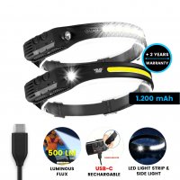 Čelovka s LED světelným pruhem a bočním světlem, s USB-C nabíjením
