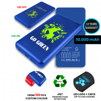 DUÁLNÍ POWER BANKA Z RECYKLOVANÉHO PET PLASTU, S LED LOGEM, 10000 MAH