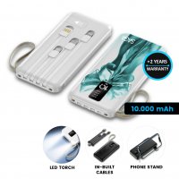 Power banka s all-in-1 vestavěnými 
kabely a LED svítilnou, 10000 mAh