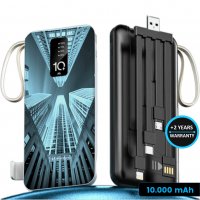 Power banka s all-in-1 vestavěnými 
kabely a LED svítilnou, 10000 mAh