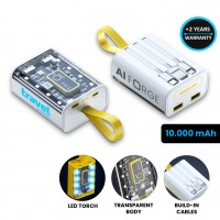 TRANSPARENTNÍ POWER BANKA S VESTAVĚNÝMI KABELY, 10000 MAH