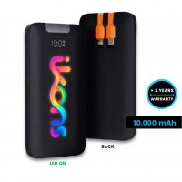 Power banka s LED logem a vestavěnými kabely, 10000 mAh