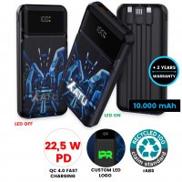 10000 mAh - power banka s vestavěnými kabely a LED displejem, QC 22,5 W, rABS (RCS)