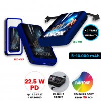 5000-10000 mAh - Power banka s QC 22,5 W, LED logem, CMYK, ve vlastních barvách