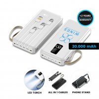 Power banka s all-in-1 vestavěnými
kabely a LED svítilnou, 20000 mAh