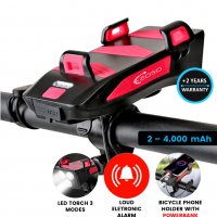 4 v 1 - držák na kolo, výkonná svítilna, hlasitý elektronický alarm a power banka 2000 / 4000 mAh