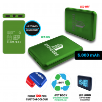 DUÁLNÍ POWER BANKA Z RECYKLOVANÉHO PET PLASTU, S LED LOGEM, 5000 MAH