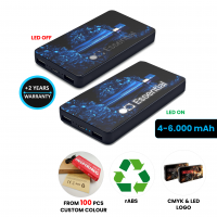 DUÁLNÍ POWER BANKA S CMYK + LED LOGEM, RABS (RECYKLOVANÝ ABS PLAST), 4000 / 5000 / 6000 MAH