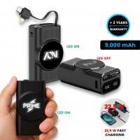 9000mAh power banka FLEXLIT, s výsuvným kabelem a LED logem, PD 20 W a QC 22,5 W