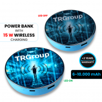 POWER BANKA S 15W BEZDRÁTOVÝM NABÍJENÍM, CMYK + LED LOGEM, 6000 - 10000 MAH