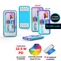 DUÁLNÍ POWER BANKA S 15W BEZDRÁTOVÝM RYCHLONABÍJENÍM A PD 22,5 W, CMYK + LED LOGEM A PŘÍSAVKAMI, 10000 MAH