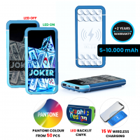 DUÁLNÍ POWER BANKA S 15W BEZDRÁTOVÝM RYCHLONABÍJENÍM, CMYK + LED LOGEM A PŘÍSAVKAMI, 4000 - 10000 MAH