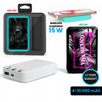 POWER BANKA S VESTAVĚNÝMI KABELY A 15W BEZDRÁTOVÝM RYCHLONABÍJENÍM, 4000 - 10000 MAH, VE VLASTNÍCH BARVÁCH, LED LOGO + CMYK POTISK