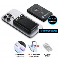 5000/10000 mAh - magnetická power banka s 15W bezdrátovým nabíjením, QC 22,5 W a vestavěnými kabely