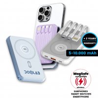 5000/10000 mAh - magnetická power banka s 15W bezdrátovým nabíjením, QC 22,5 W a vestavěnými kabely