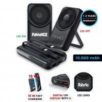 10000 mAh magnetická power banka MAGION, s bezdrátovým nabíjením, vestavěnými kabely, QC 22,5 W, PD 20 W a LED logem