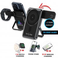 10000mAh magnetická power banka GRAVON, s 15W bezdrátovým nabíjením, výklopnou nabíječkou hodinek a stojánkem