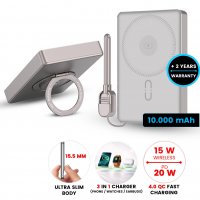 10000 mAh - magnetick&aacute; kovov&aacute; power banka POVRA 3 v 1, s 15W bezdr&aacute;tov&yacute;m nab&iacute;jen&iacute;m a PD 20 W