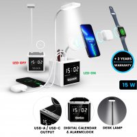 Stolní lampa NEOLITE, s 15W bezdrátovým nabíjením, hodinami a LED logem